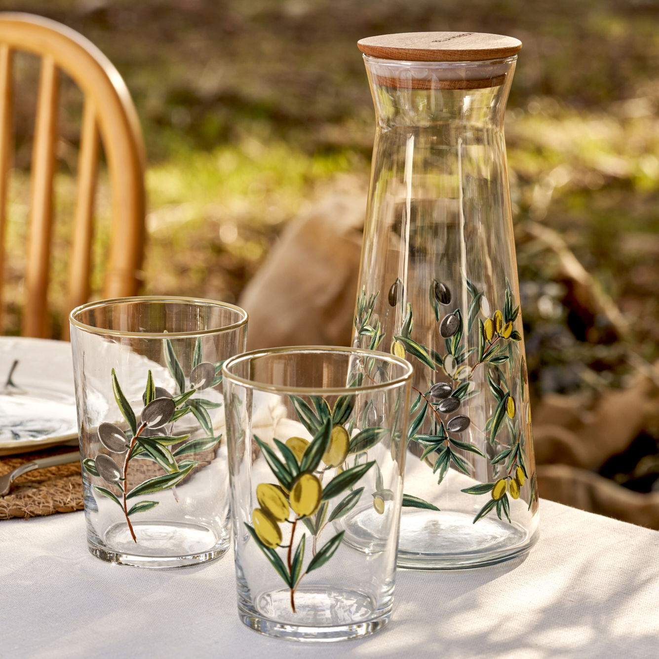 Olive Design Glass Carafe with Wooden Lid