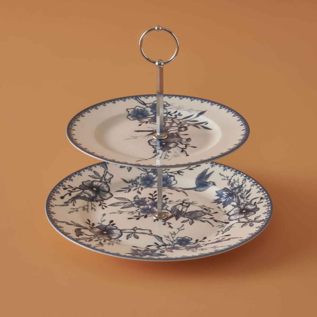 Bleu Blanc Porcelain 2-Tier Floral Print Serving Stand