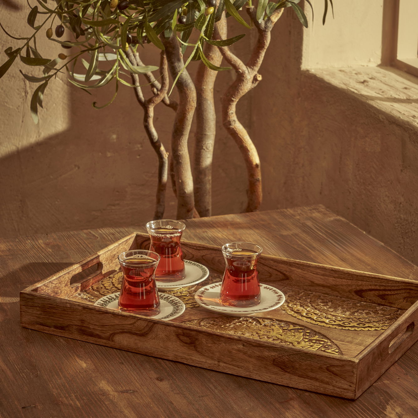 Cera Carved Mango Wood Decorative Tray