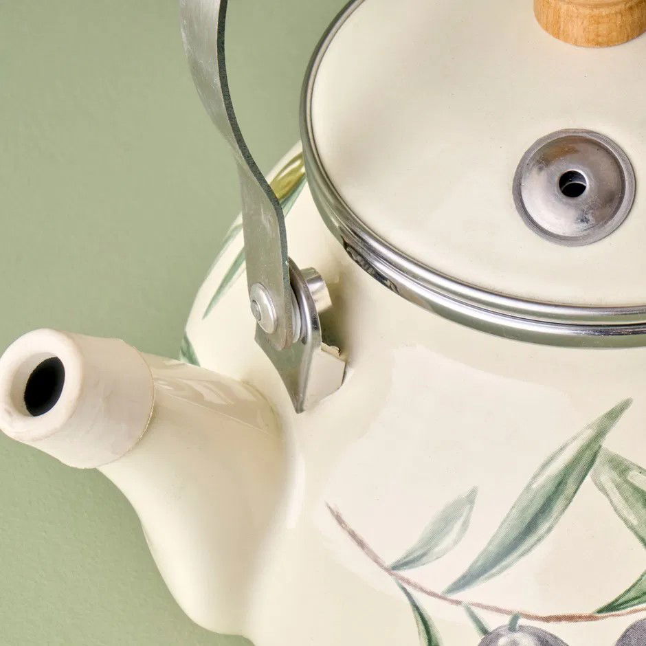 Olive Enamel Teapot with Wooden Handle