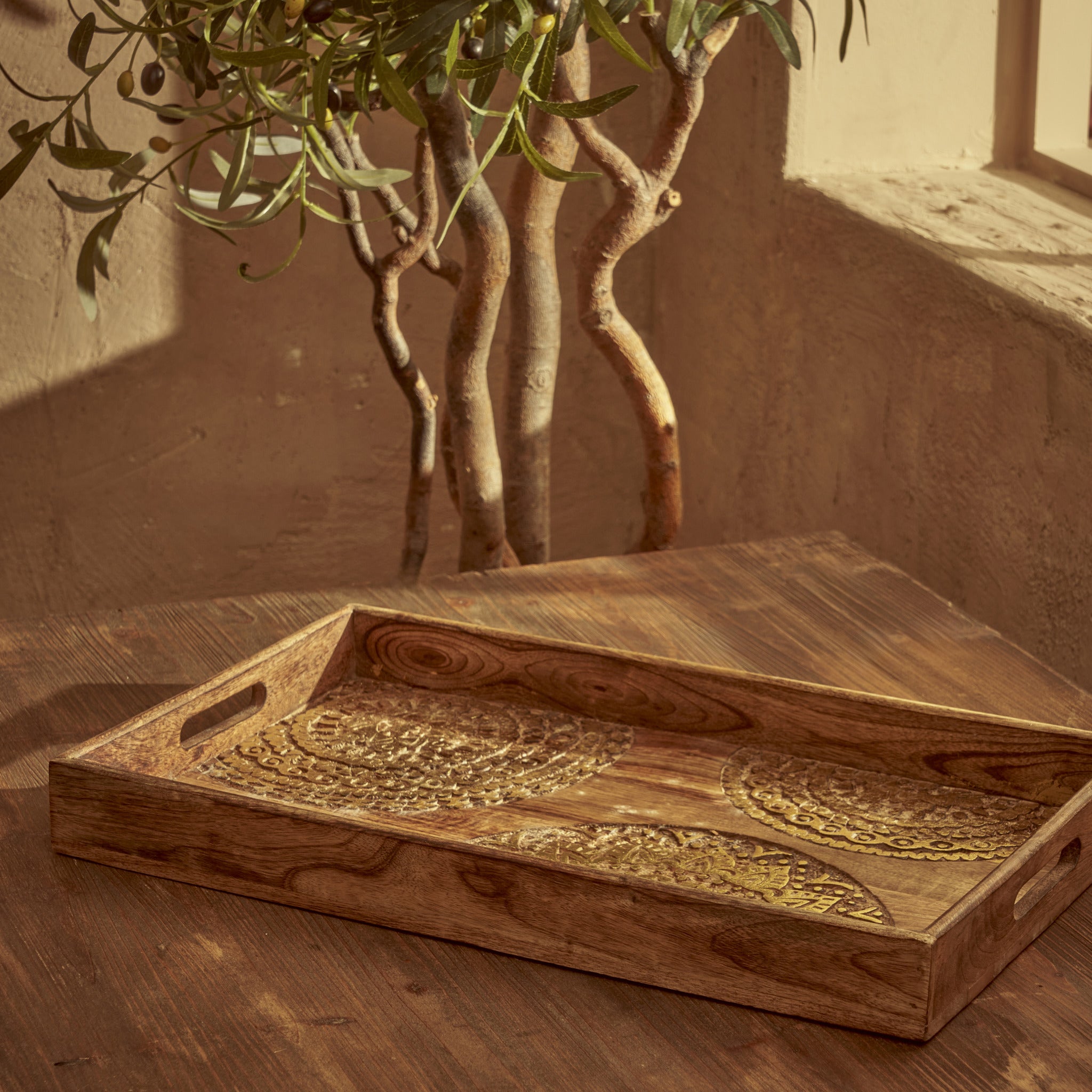 Cera Carved Mango Wood Decorative Tray