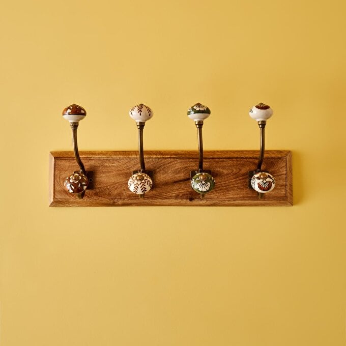 Ivana 4 Hook Mango Wood Wall Rack with Ceramic Knobs