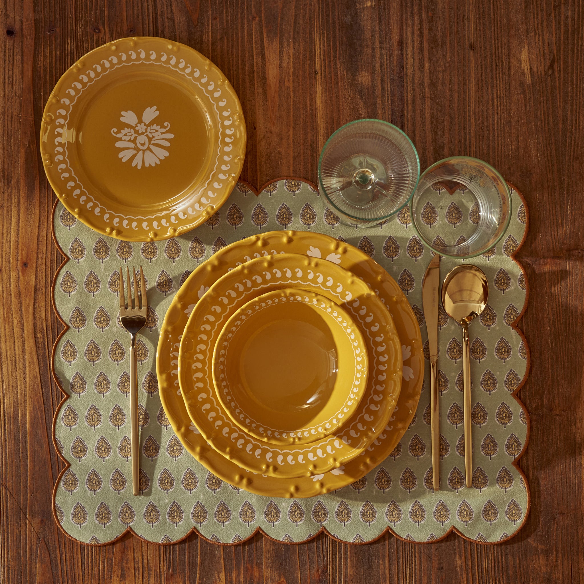 Indian 12 Piece Porcelain Mustard Dinnerware Set