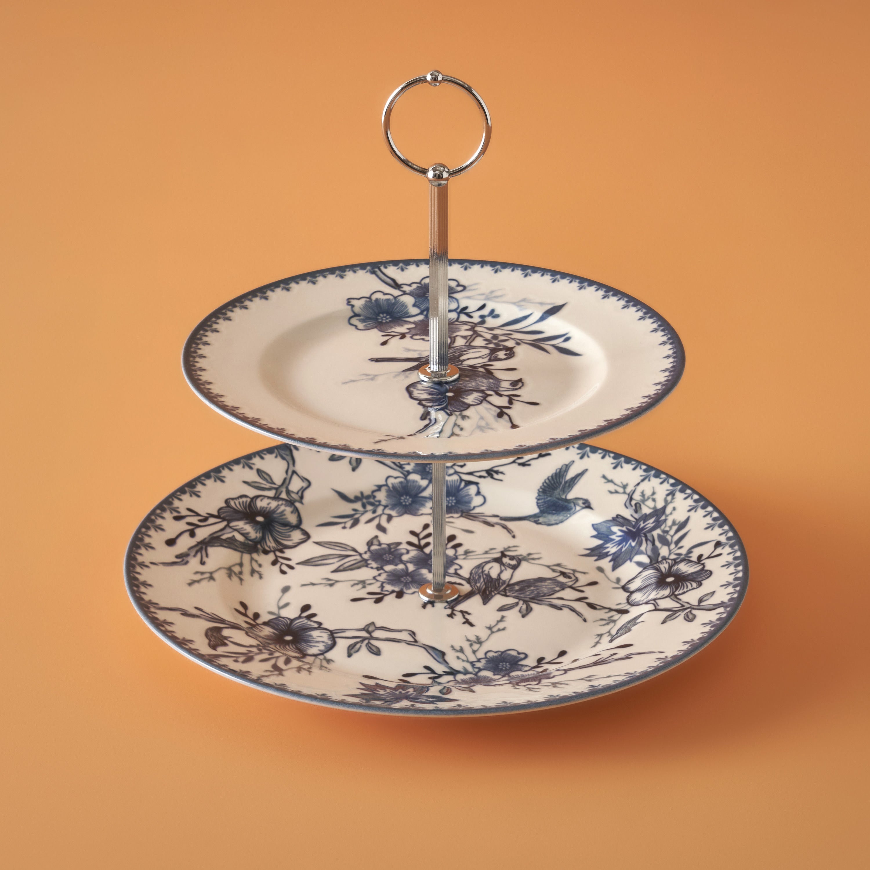 Bleu Blanc Porcelain 2-Tier Floral Print Serving Stand