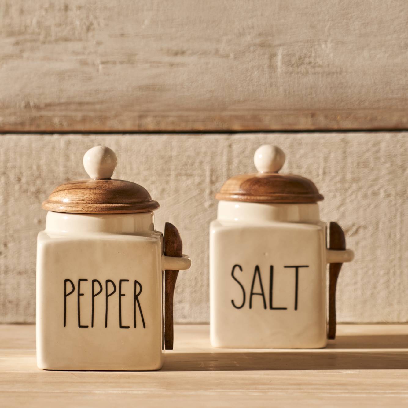 'Salt' Ceramic Jar With  Acacia Lid & Spoon