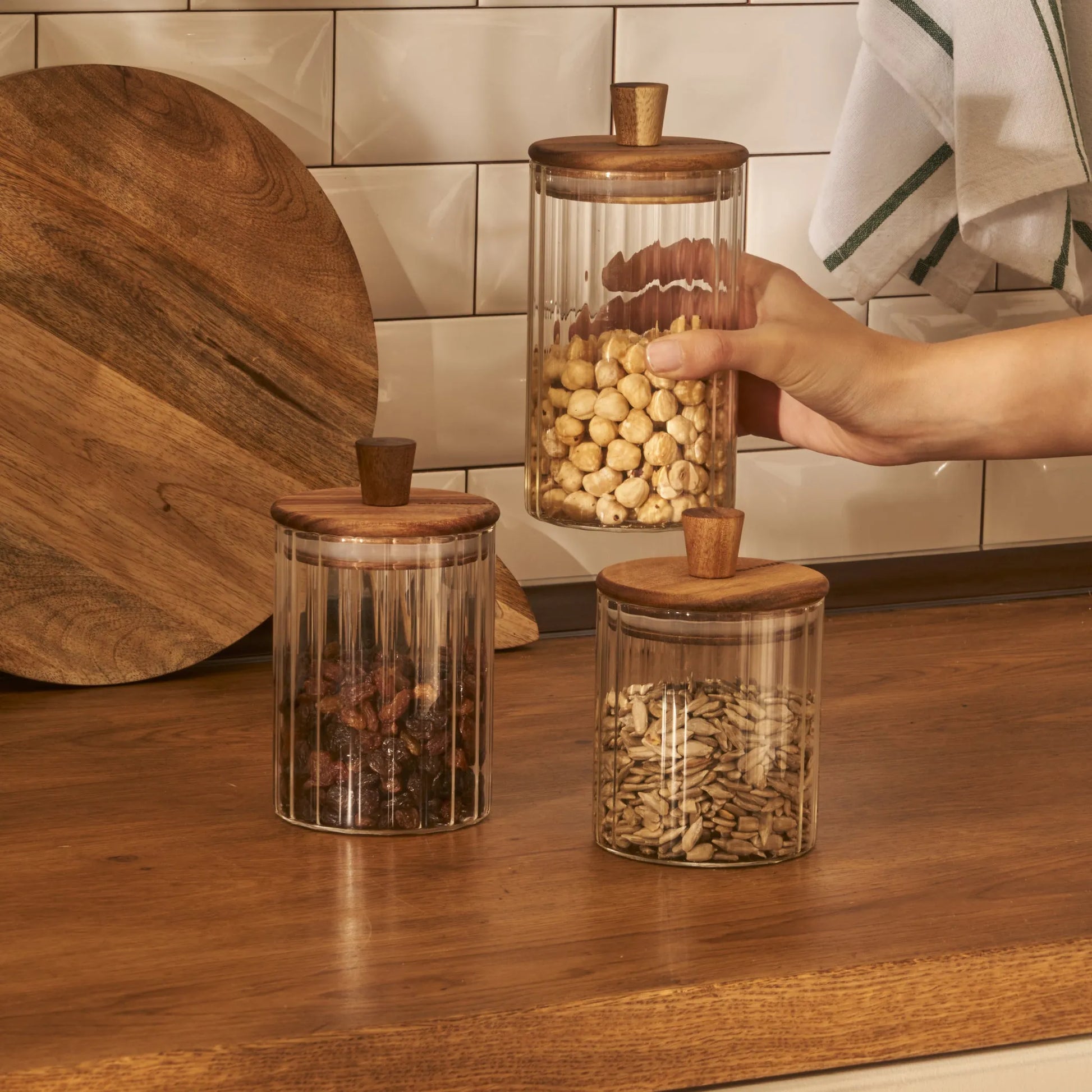 Beatrice Glass Storage Jar with Wooden Lid design detail