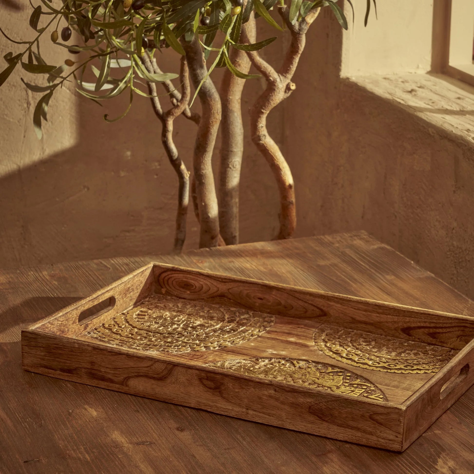 Cera Carved Mango Wood Decorative Tray design detail
