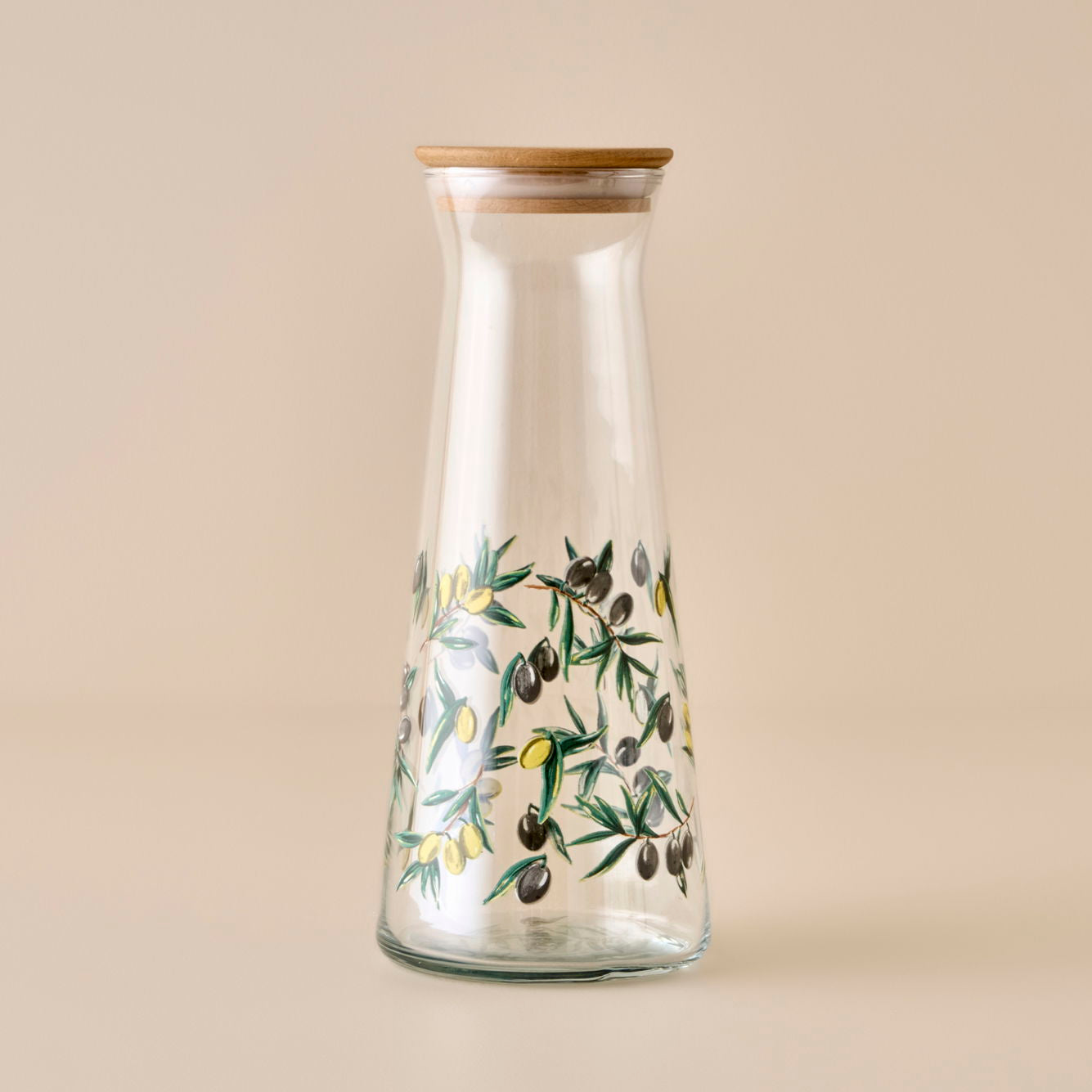Olive Design Glass Carafe with Wooden Lid