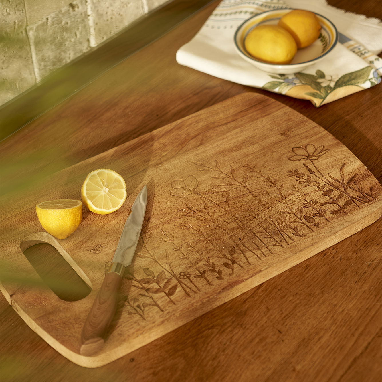 Lola Floral Etched Mango Wood Serving Board