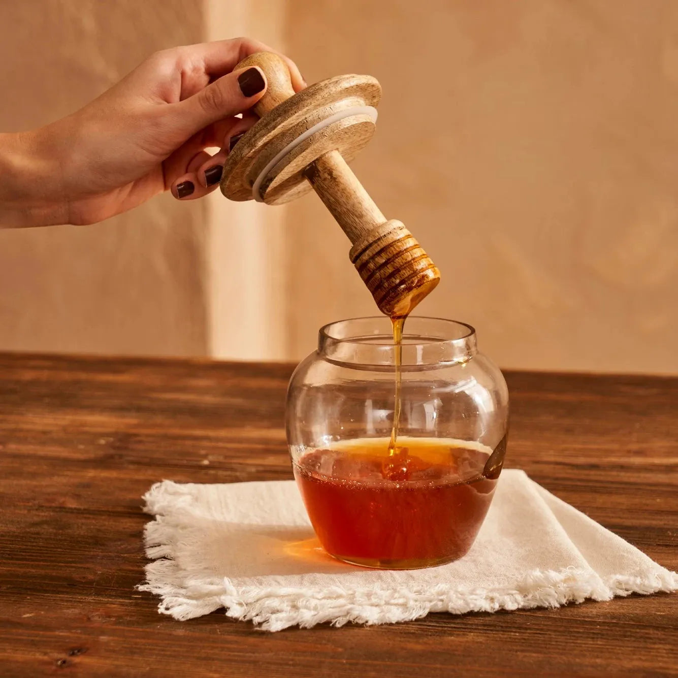 Eden Glass Honey Jar with Mango Wood Lid side view