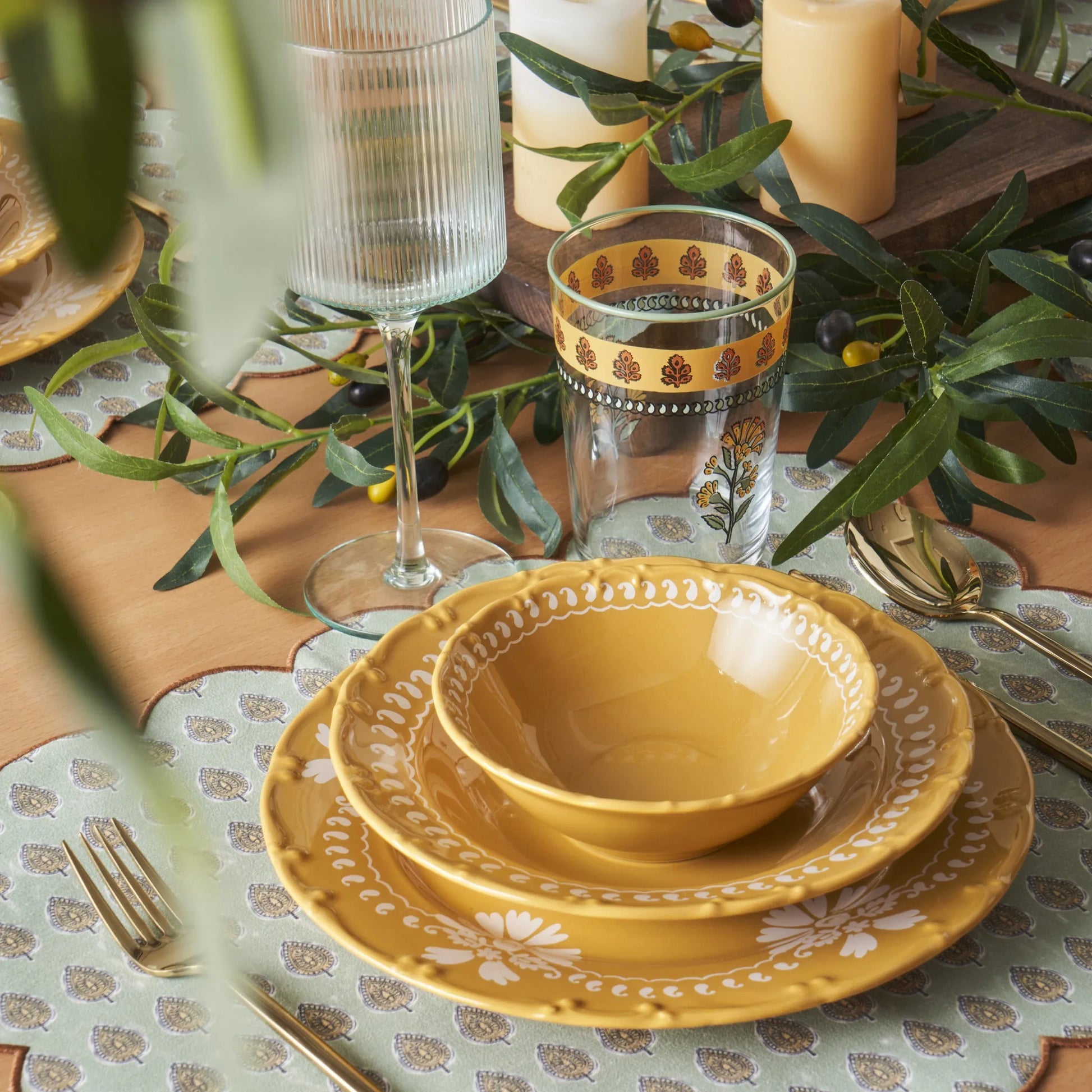 Indian 12 Piece Porcelain Mustard Dinnerware Set additional view