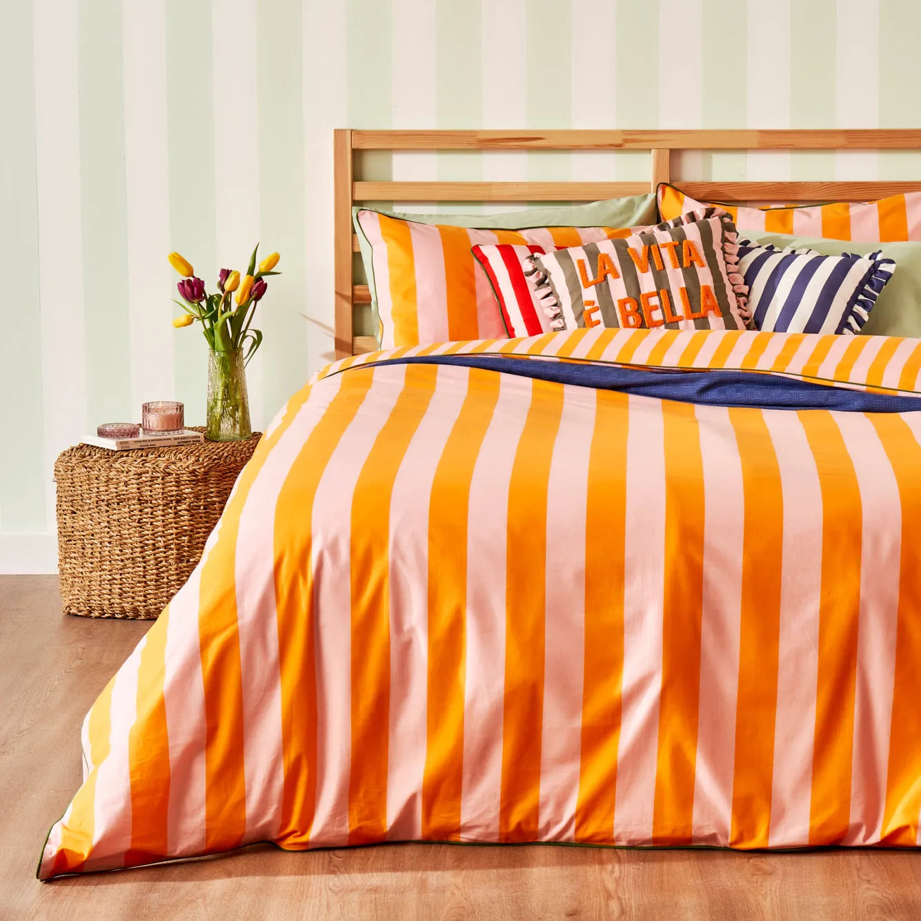 Line Striped Cotton Sateen Duvet Set - King / Orange - Bella Maison