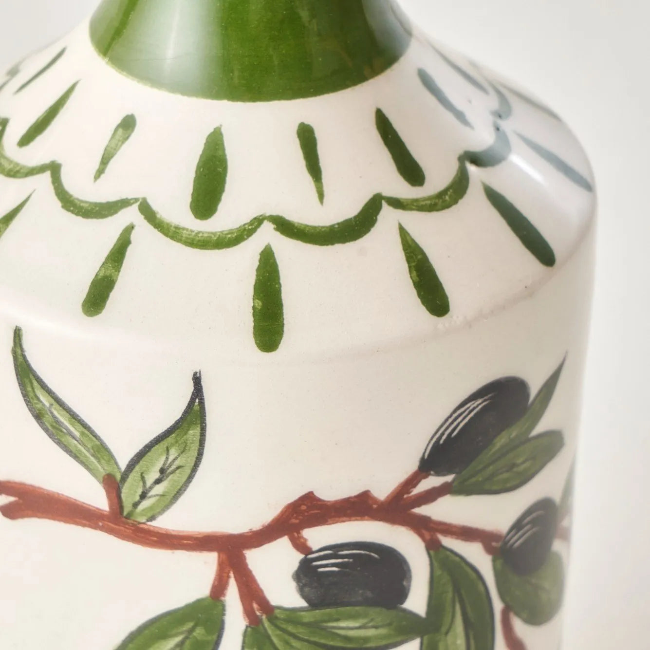 Olive Ceramic Oil Bottle with Cork Stopper side view