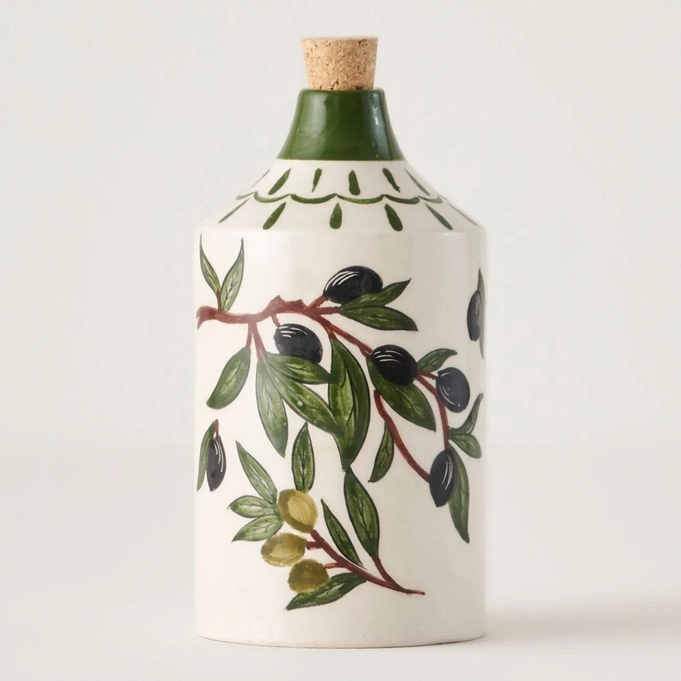 Olive Ceramic Oil Bottle with Cork Stopper design detail