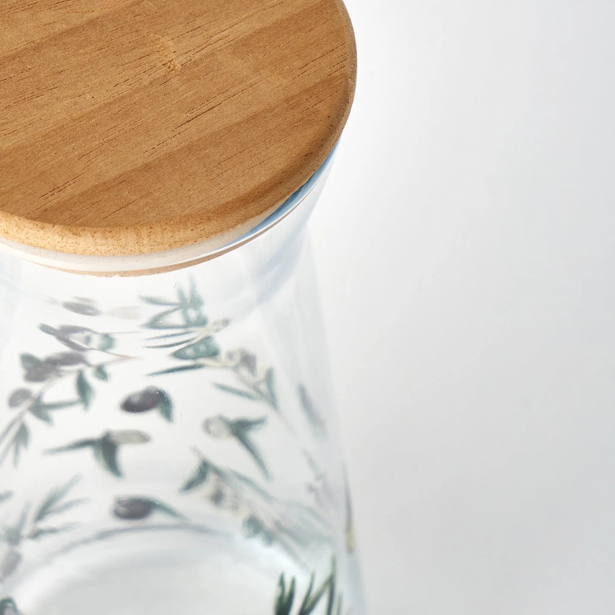 Olive Design Glass Carafe with Wooden Lid detail view