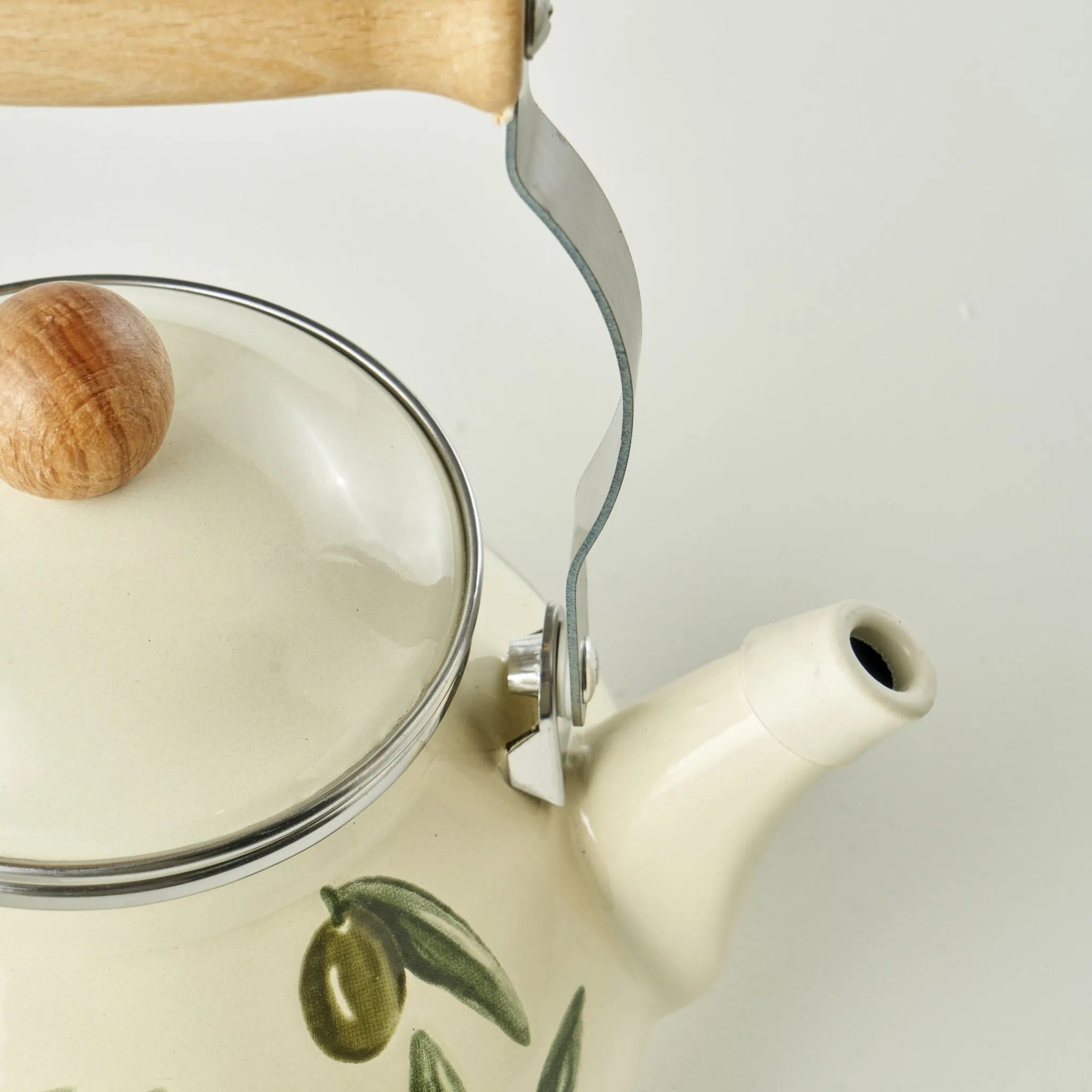 Olive Enamel Teapot with Wooden Handle detail view