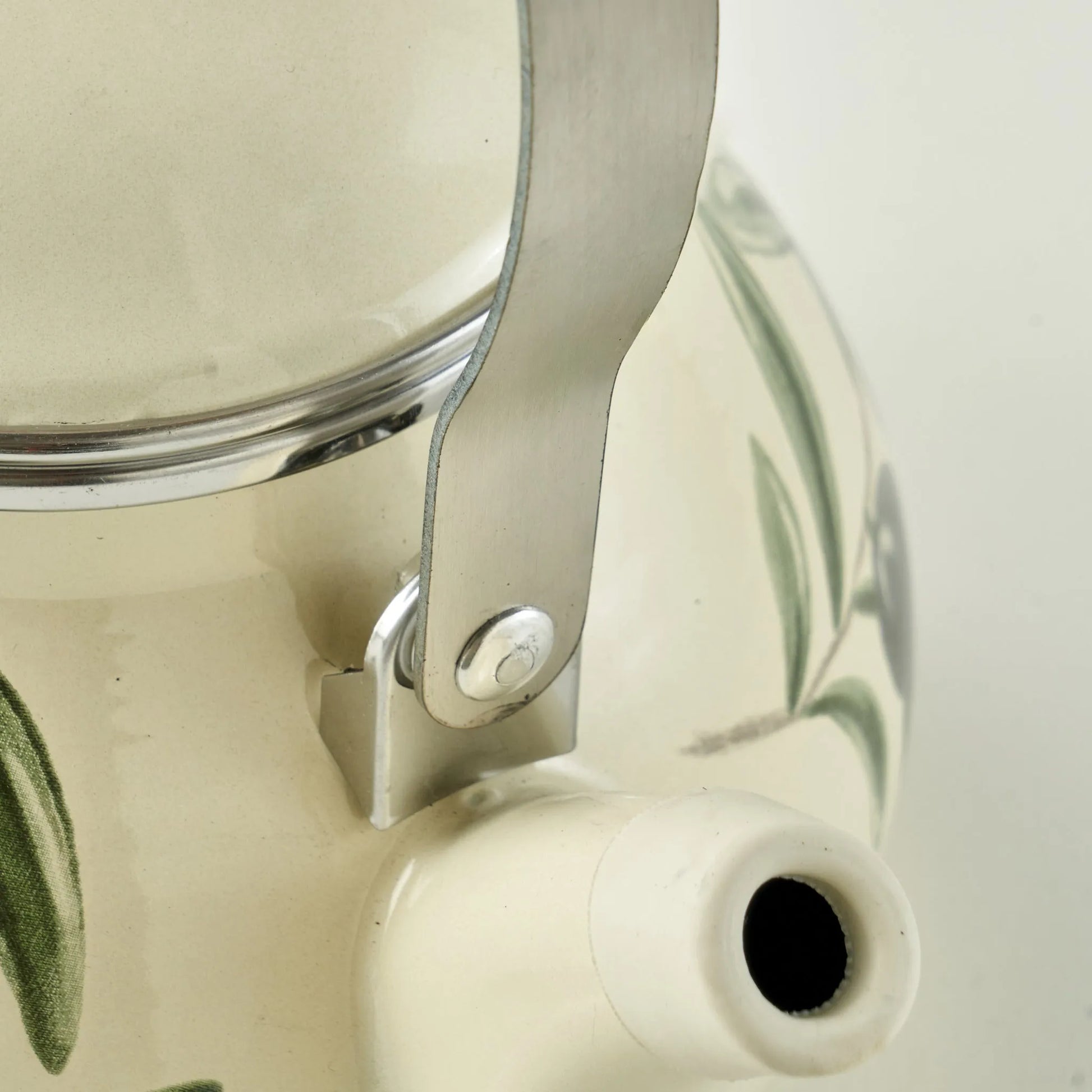 Olive Enamel Teapot with Wooden Handle side view