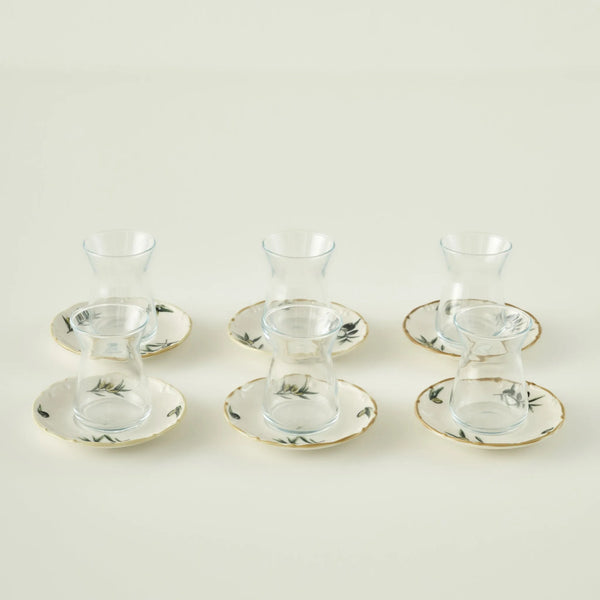 Olive Tea Glass Set with Saucers (6-Piece)