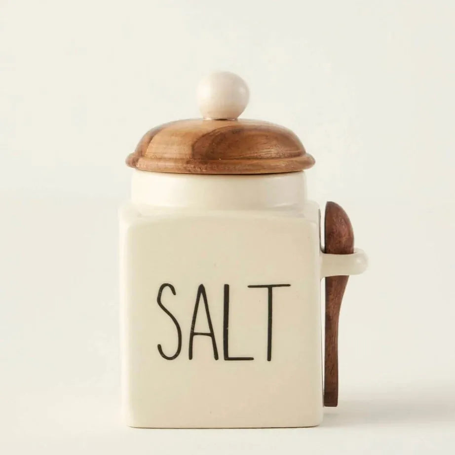 Salt Ceramic Jar With Acacia Lid & Spoon