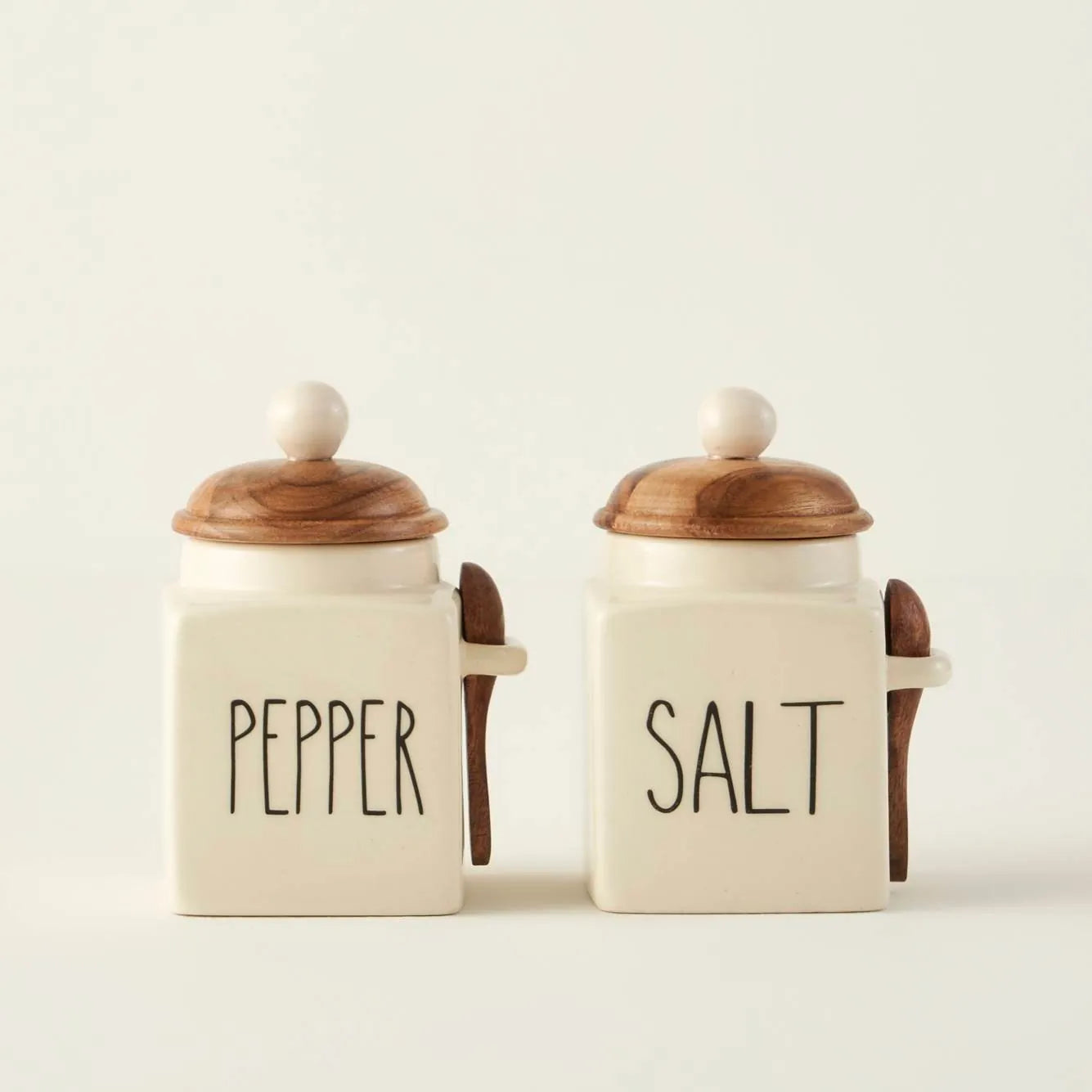 Salt Ceramic Jar With Acacia Lid & Spoon detail view