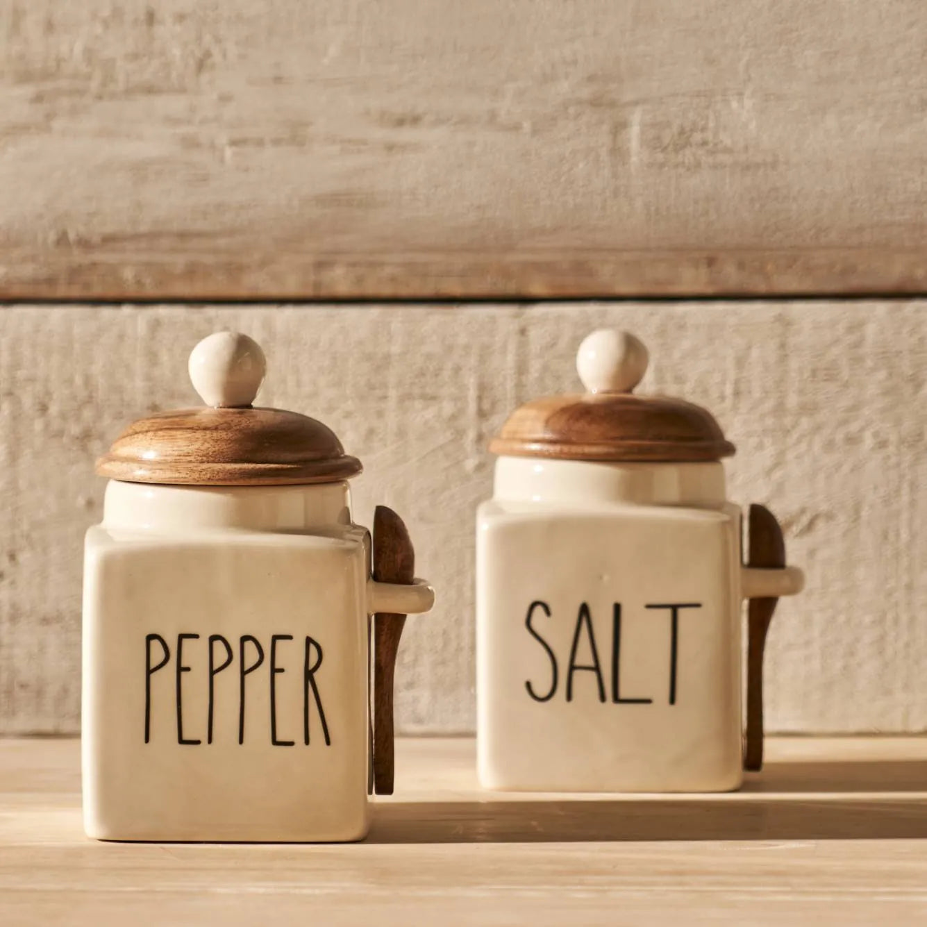 Salt Ceramic Jar With Acacia Lid & Spoon side view